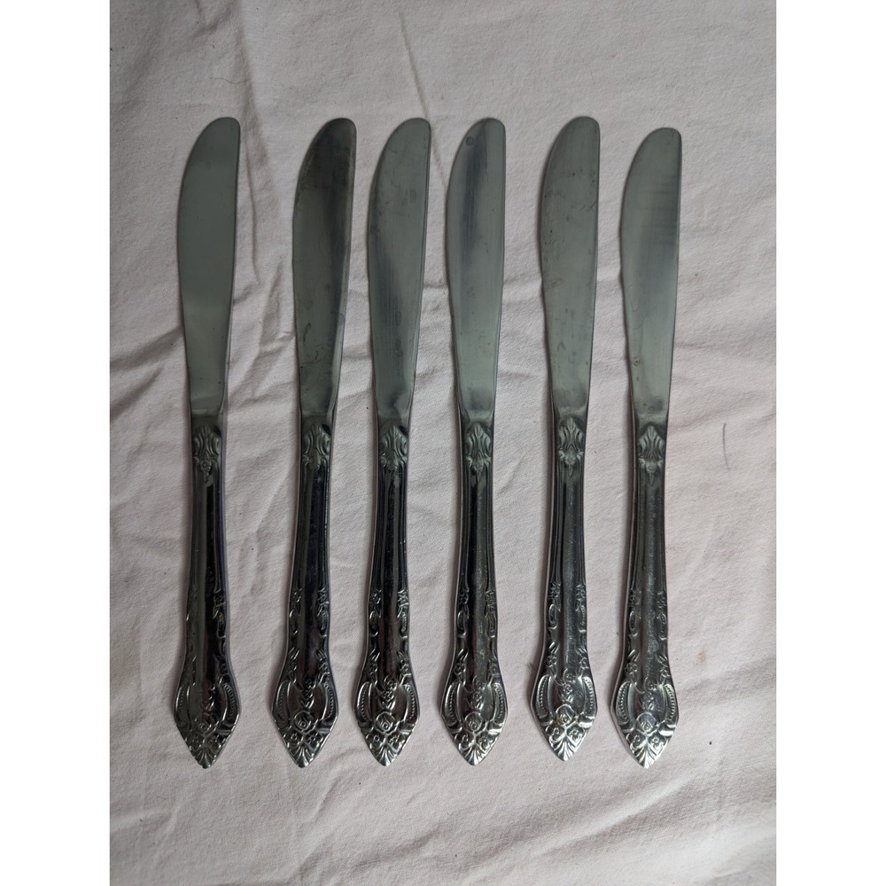 6 lot H.F. LTD Stainless stamped flower pattern‎ knife knives estate find